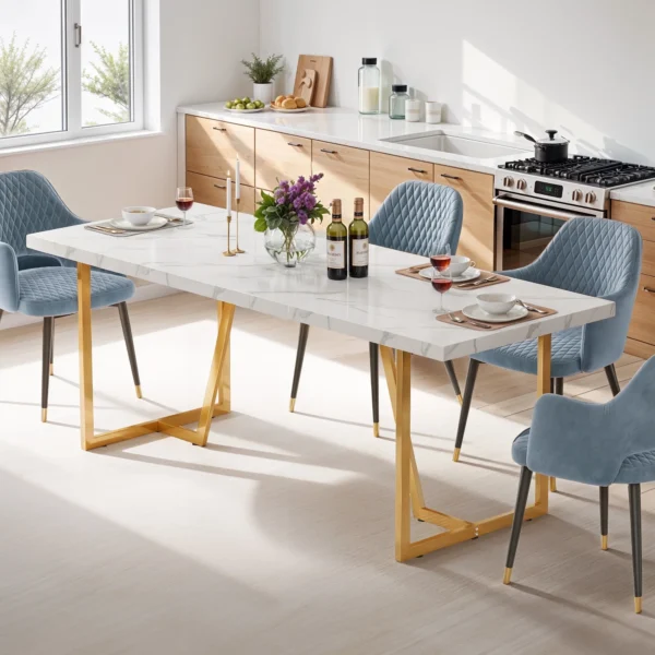 Large Dining Table with Stain Resistant Faux Marble Tabletop